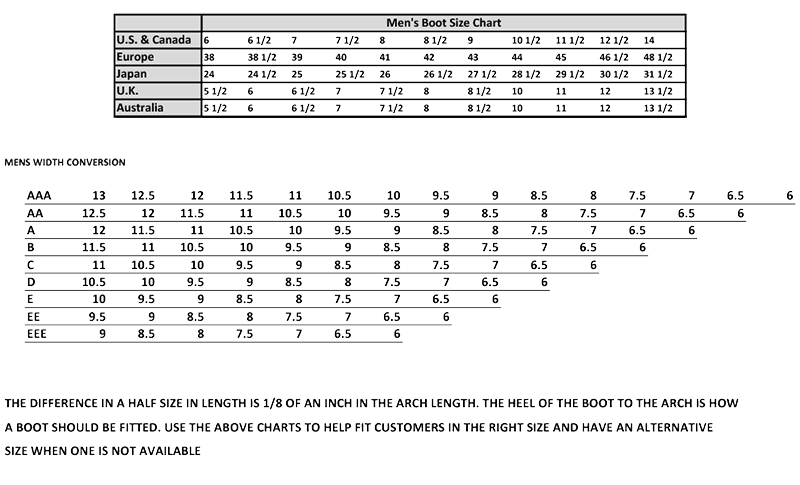 Bean Boot Size Chart