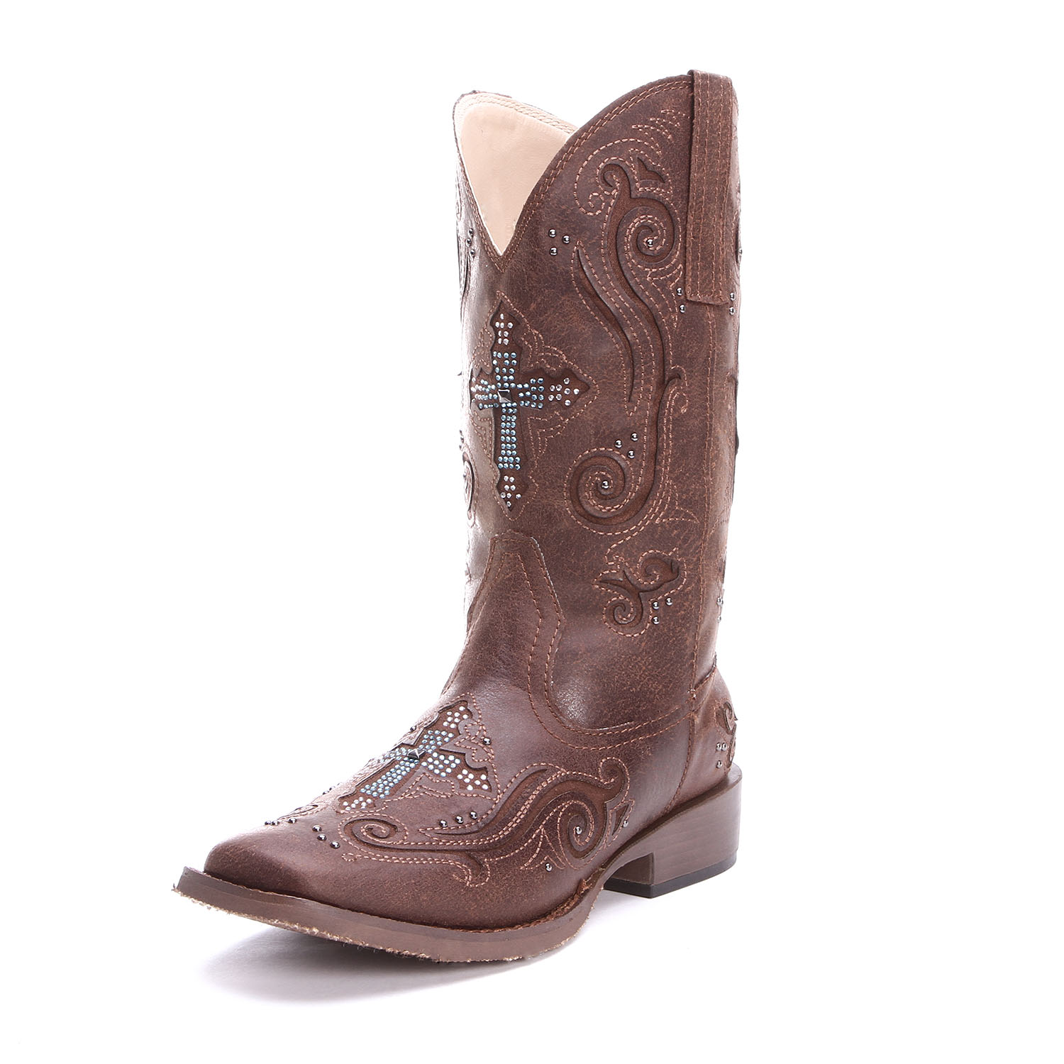 Roper Womens Vintage Crystal Cross Cowgirl Boots Brown