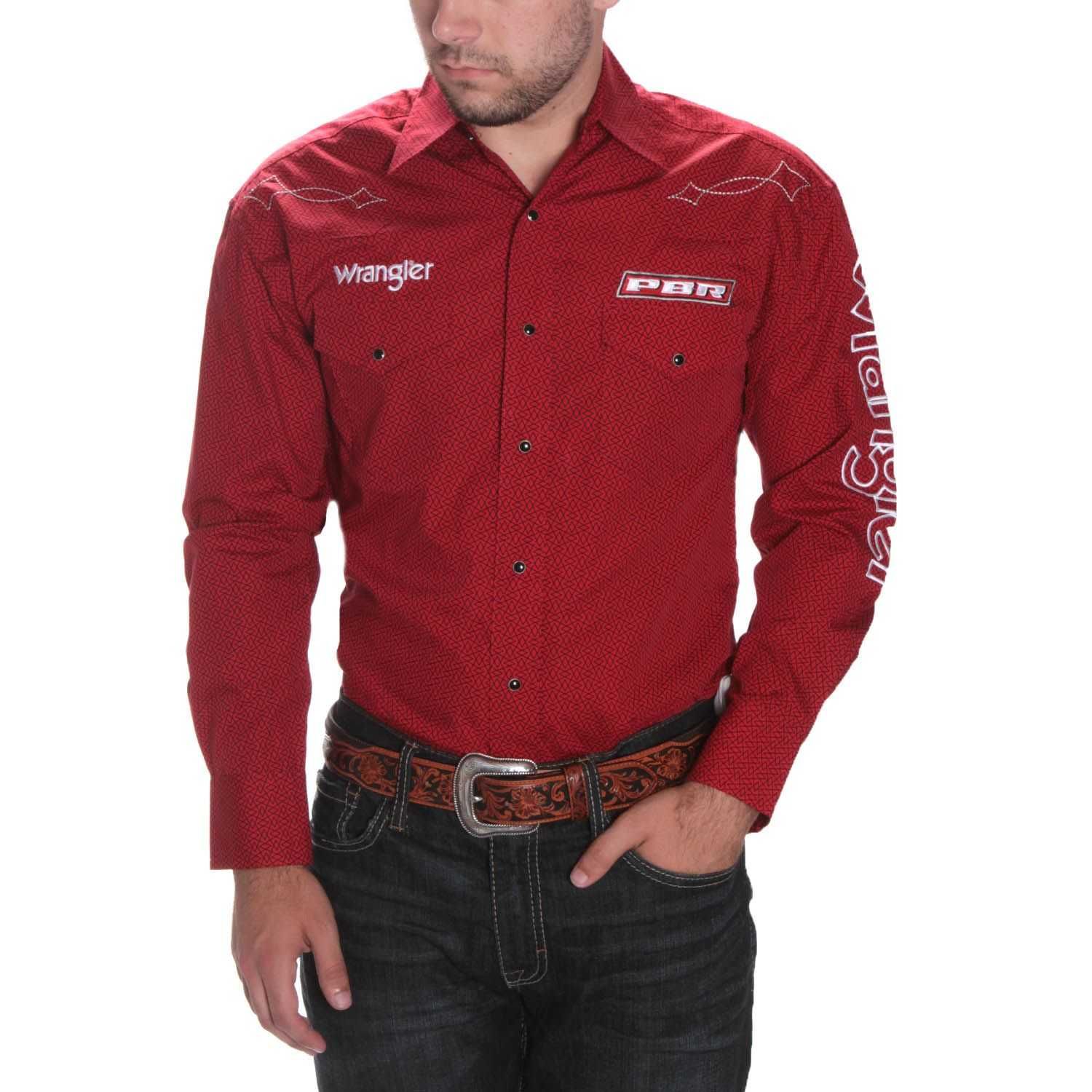 Wrangler PBR Mens Long Sleeve Red Logo Snap Shirt