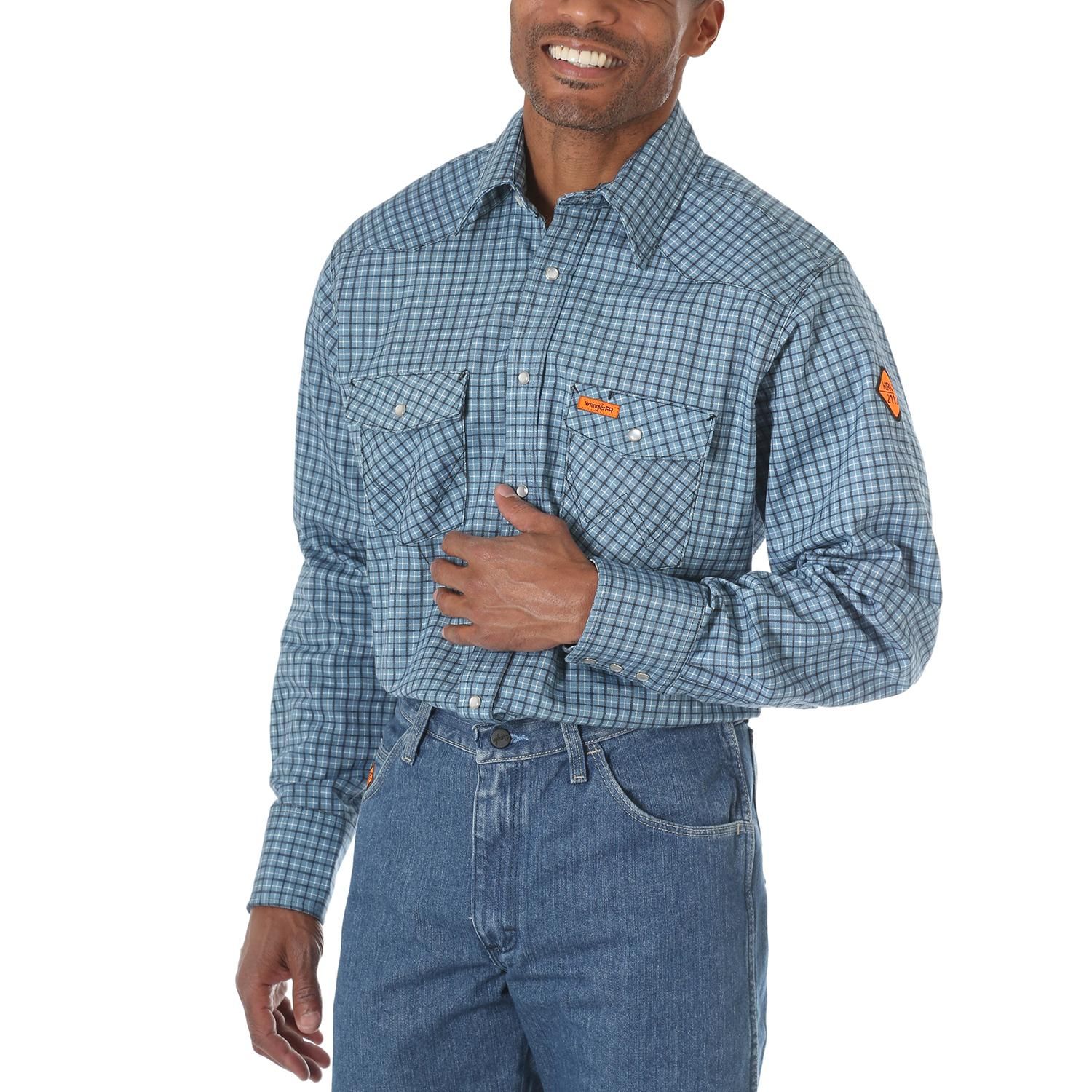 Wrangler Mens Fire Resistant Blue Plaid Work Shirt