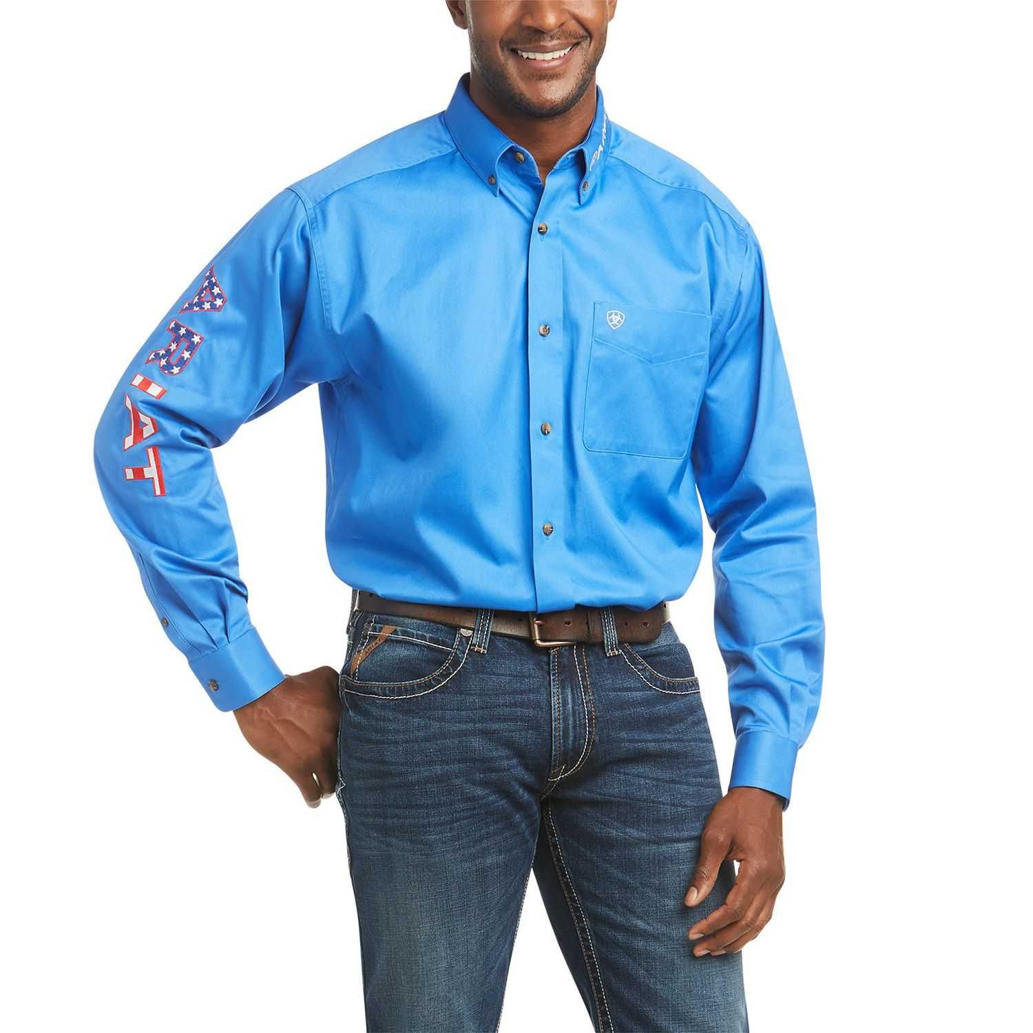 https://www.pfiwestern.com/media/catalog/product/cache/12946f501fb8eea9b0b25f6c3c116ad9/image/19317424a6/ariat-mens-usa-blue-team-logo-long-sleeve-shirt.jpg