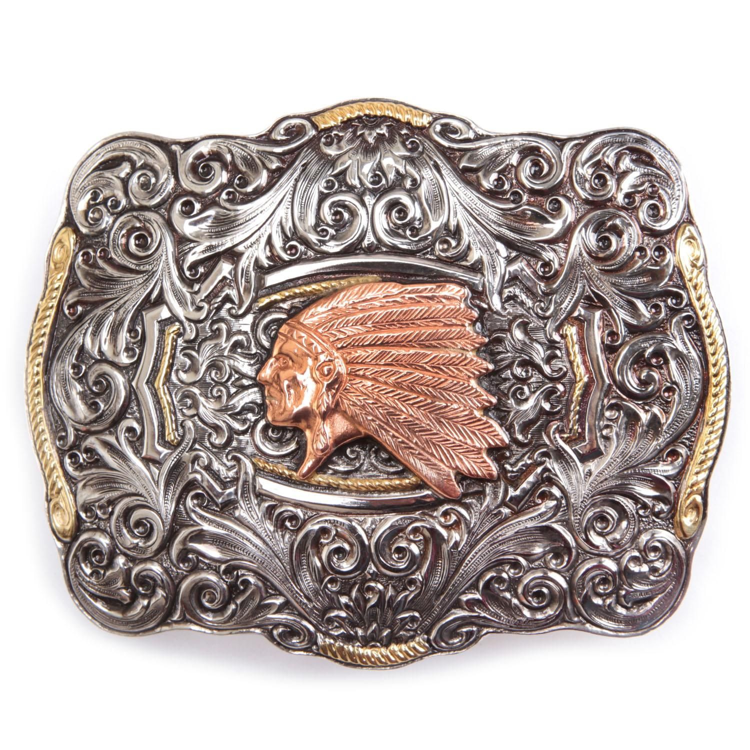 Vintage Western Belt Buckle Indian Silver Rodeo Cowboy Casual Silver 