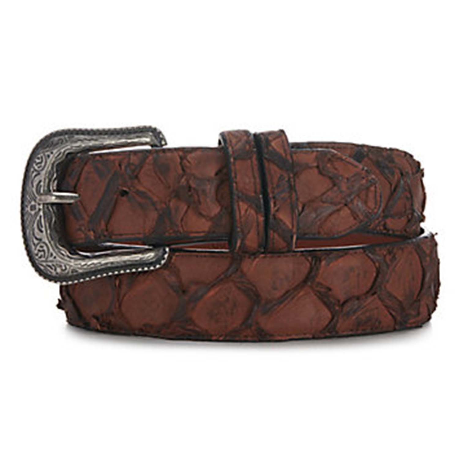 Cavenders Mens Matte Chocolate Brown Pirarucu Fish Exotic Western Belt