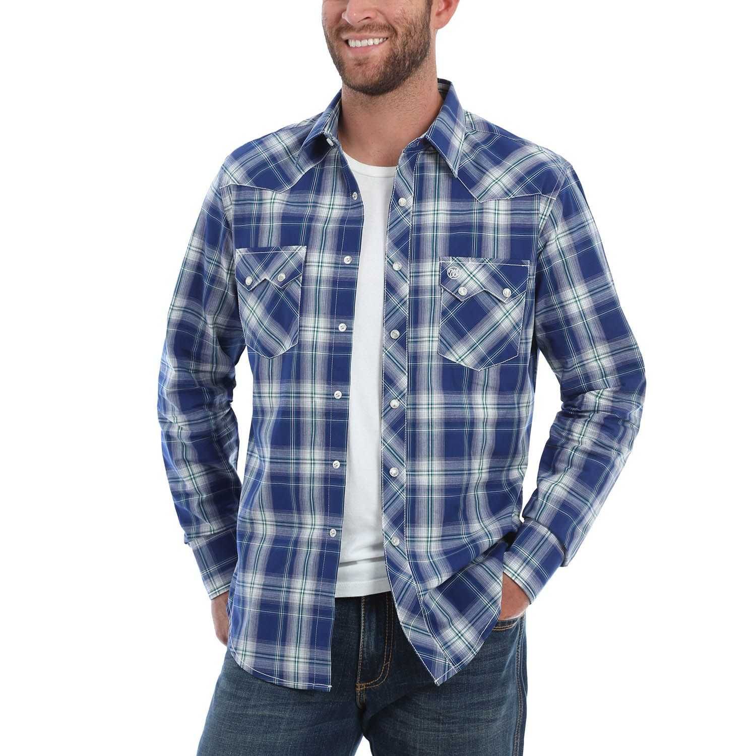 Wrangler Retro Mens Blue Plaid Snap Down Shirt | PFI Western Store