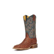 Cavenders Mens Shedron Ave Ranch Rustic Cognac Ostrich Print with Blue Shaft Wide Square Toe Western Boots