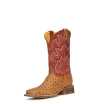 Cavenders Mens Red and Rustic Tan Ostrich Print Square Toe Western Boots