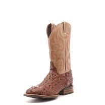 Cavenders Mens Antique Cognac Hornback Alligator Print and Bone Wide Square Toe Western Boots