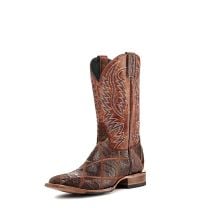 Cavenders Mens Rust and Cigar Caiman Patchwork Wide Square Toe Exotic Western Boots