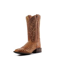 Cavenders Mens Brass and Aleman Antique Tan Ostrich Print Wide Square Toe Western Boots