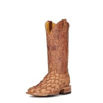 Cavenders Mens Nut Brown and Saddle Pirarucu Wide Square Toe Exotic Western Boots