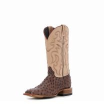Cavenders Mens Bone and Chocolate Ostrich Print Wide Square Toe Western Boots