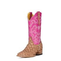 Cavenders Womens Pink and Nobuck Tan Piracuru Wide Square Toe Exotic Western Boots