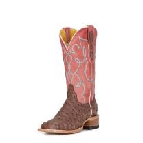 Cavenders Womens Pink and Chocolate Ostrich Print Wide Square Toe Western Boots