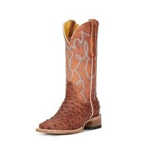 Cavenders Womens Mango and Rustic Brown Ostrich Print Wide Square Toe Western Boots