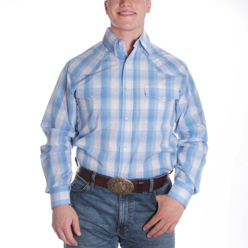 Cowboy Up Mens Blue Plaid Long Sleeve Snap Vintage Shirt Cb70104