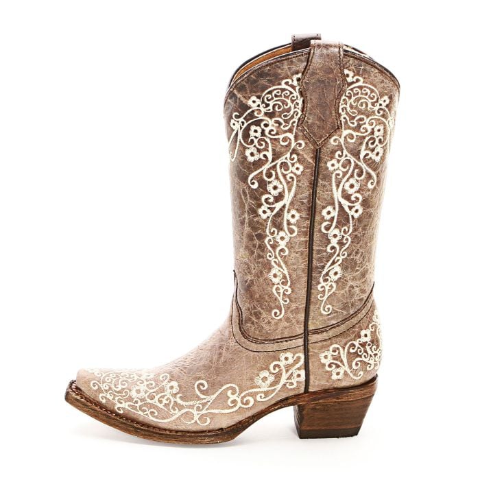 Corral Youth Girls Floral Embroidered Cowboy Boots Brown