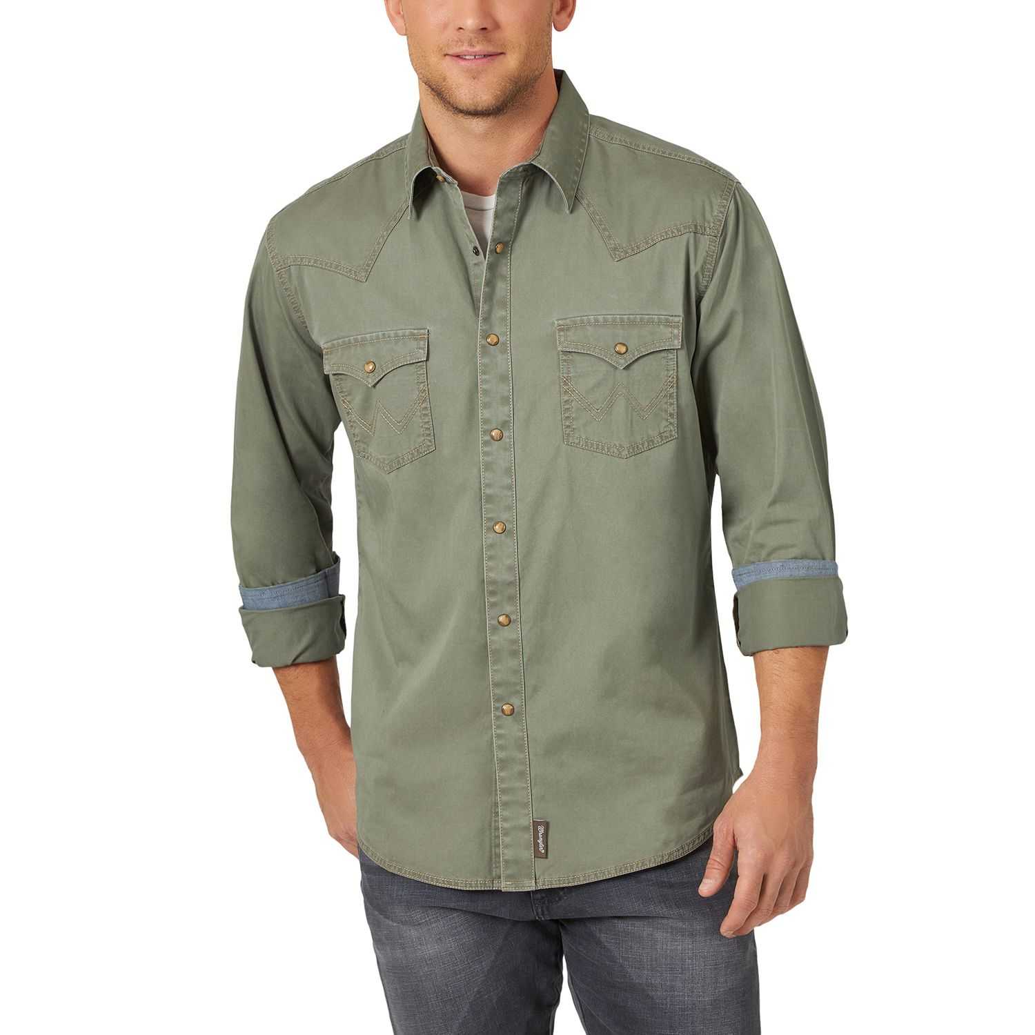 Wrangler Mens Premium Retro LS Green Snap Shirt