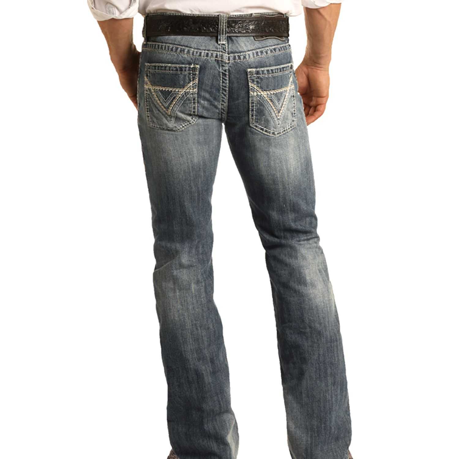 Rock and Roll Cowboy Pistol Back Pocket Embroidery Mens Slim Fit Boot Cut Jean