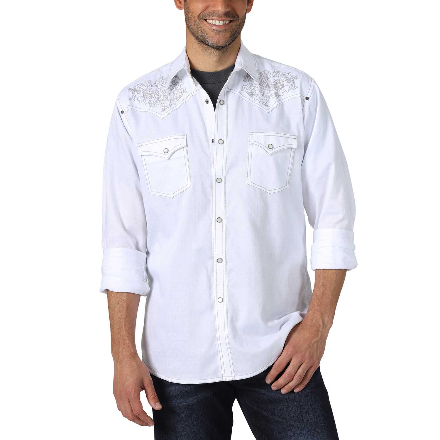 Wrangler Mens Rock 47 Embroidered Snap Shirt White